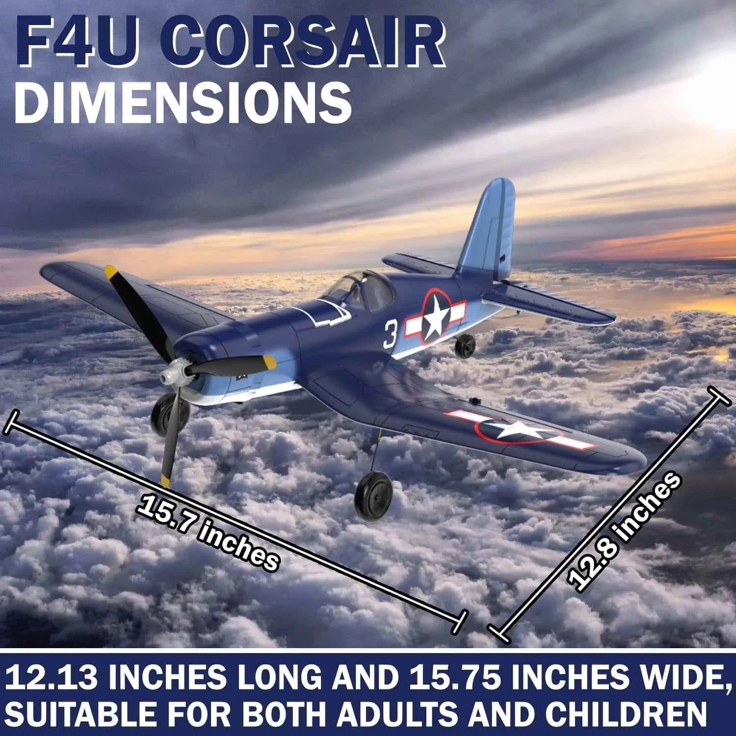 RC corsair blue plane with dimension mentioned.