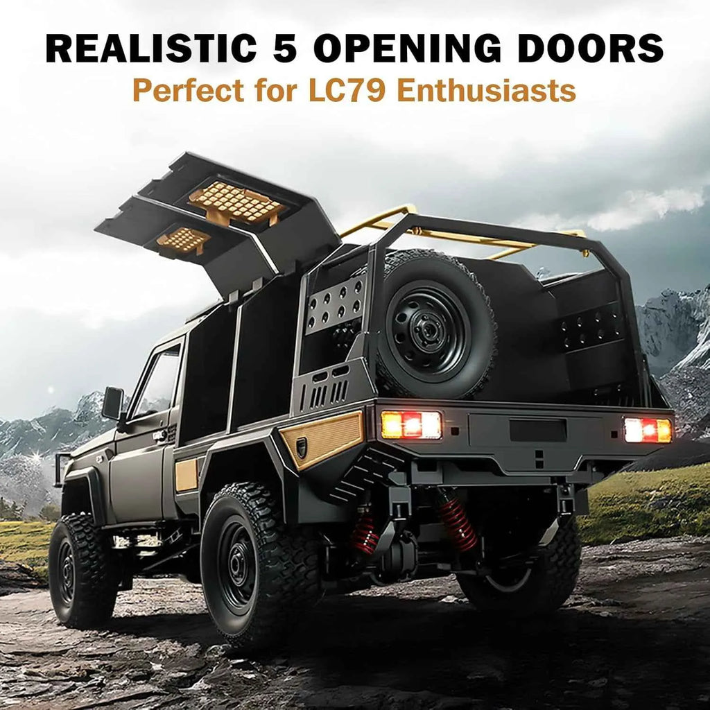 RC crawler with realistic 5 opening doors in a mountainous landscape