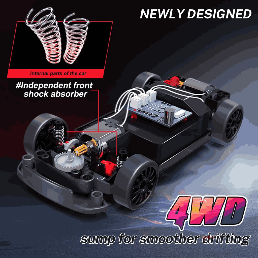 Rc drift car chassis with shock absorber and 4WD sump design on a dark background