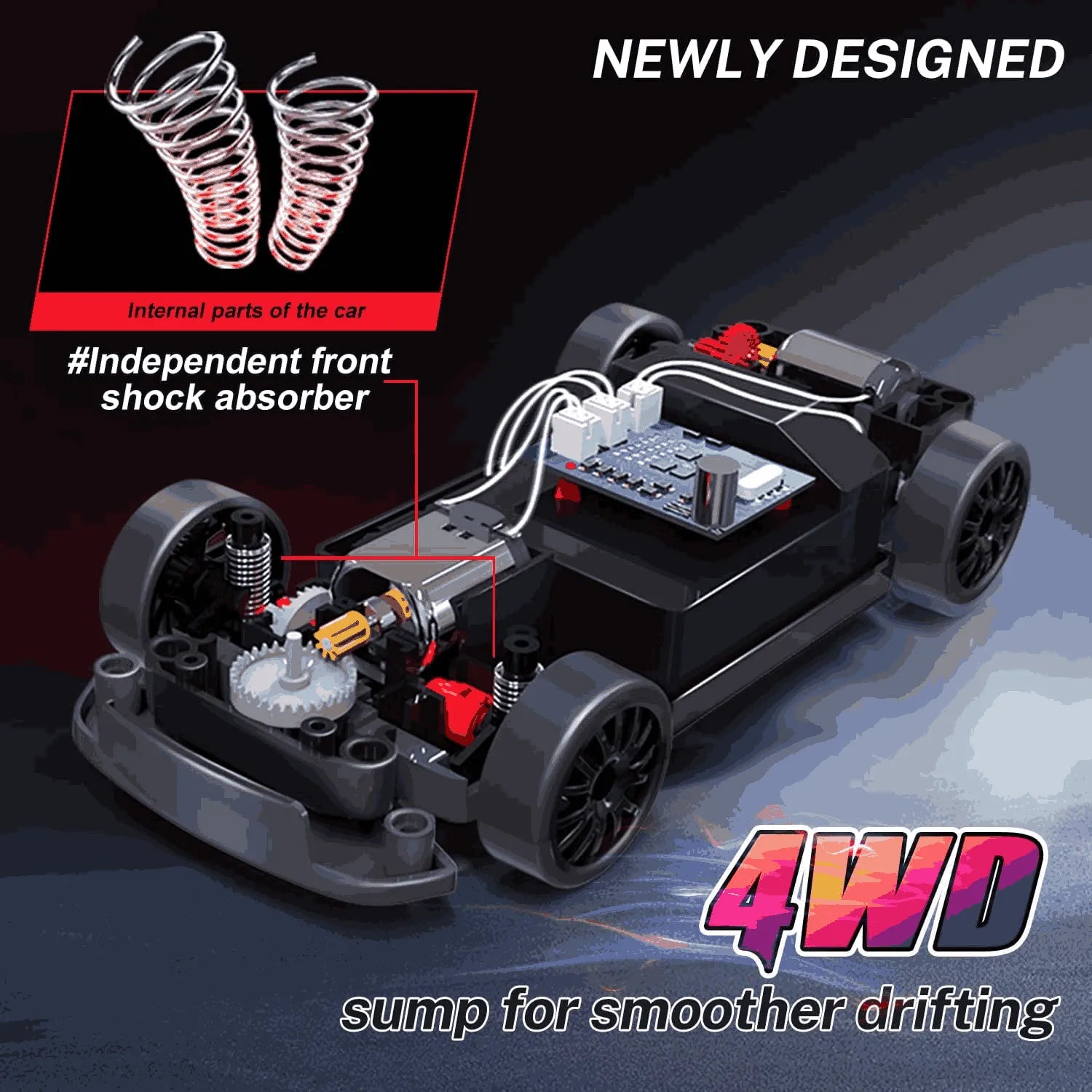 Rc drift car chassis with shock absorber and 4WD sump design on a dark background