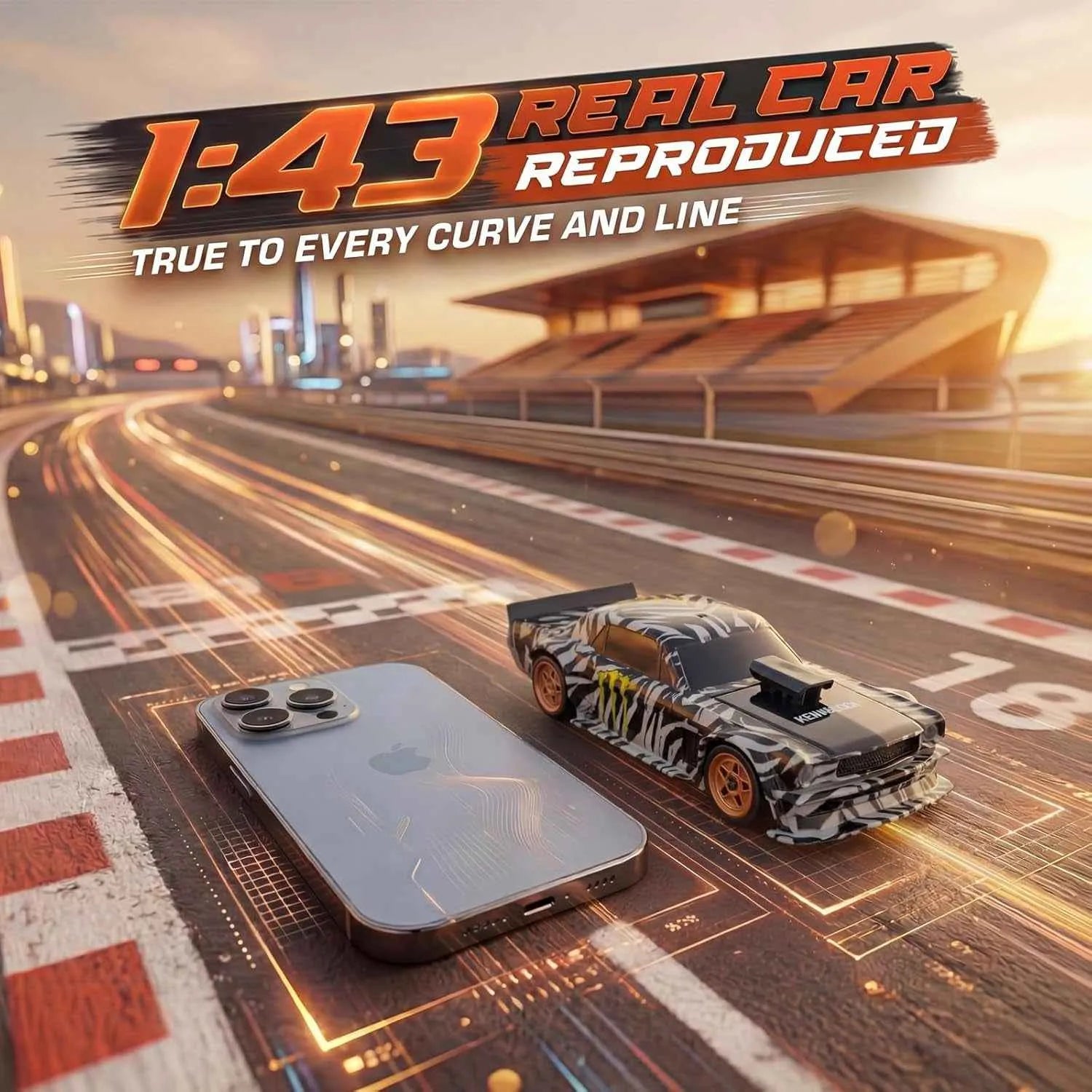 Model car on a race track with a smartphone for scale, set against a cityscape background.