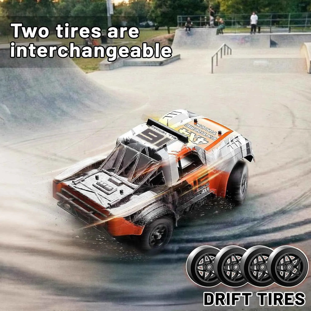 RC drift car on a track with drift tires displayed below