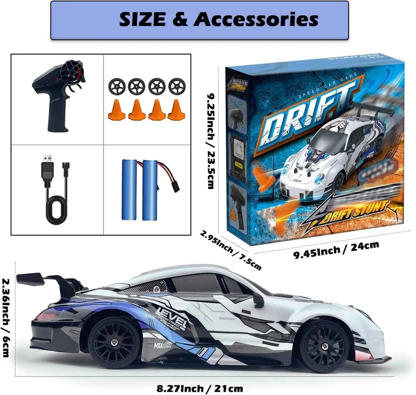 RC drift car set with packaging, remote control, batteries, and cones on a white background.