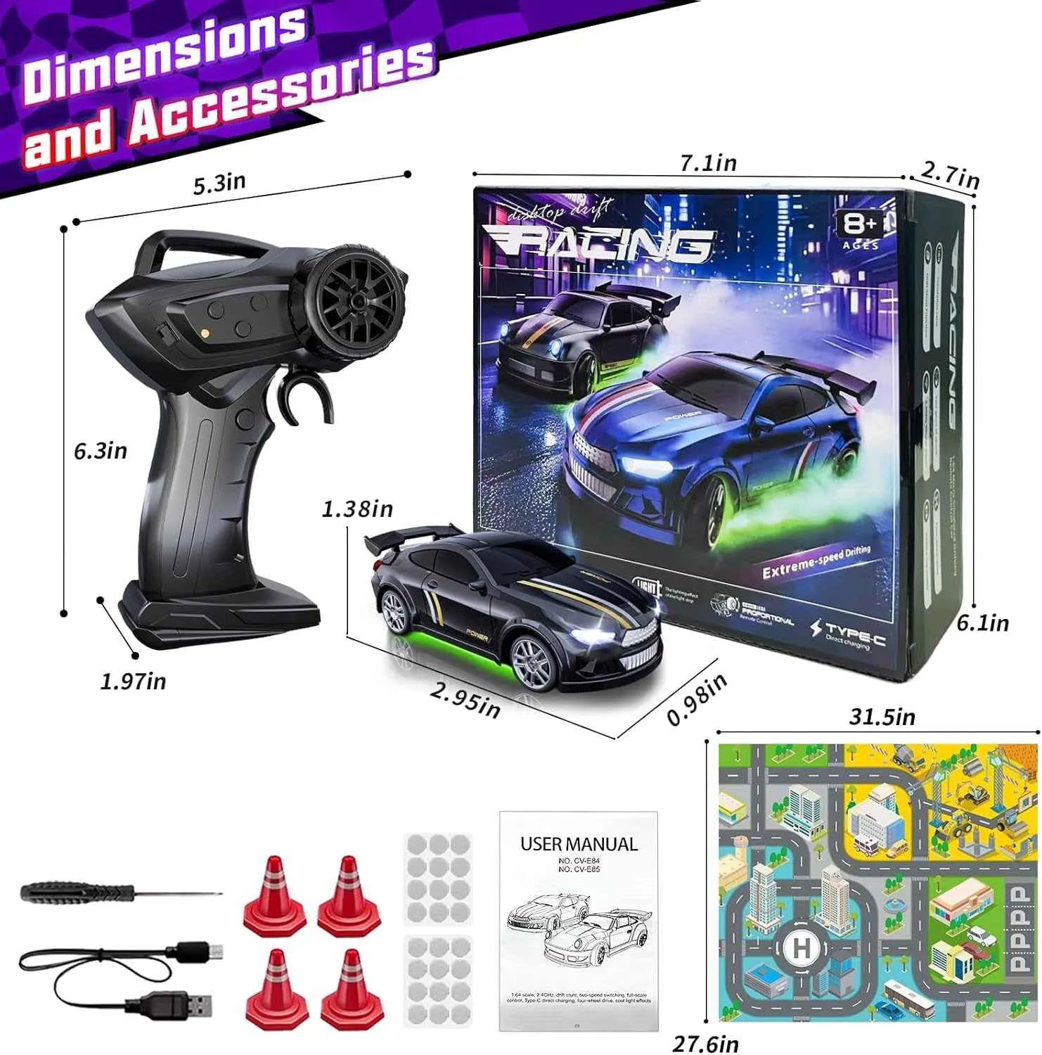 RC drift car set with remote control, car, and accessories with dimensions displayed.