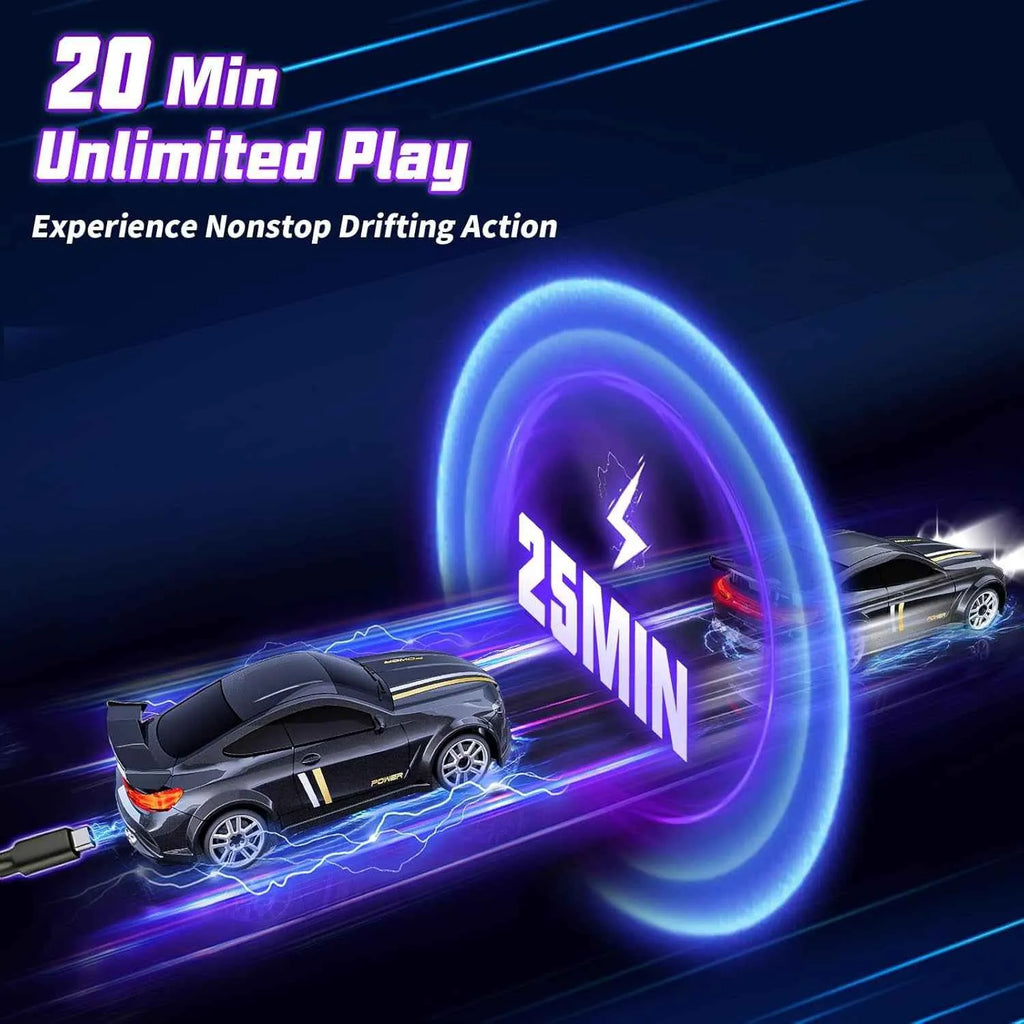 RC drift car with charging cable and glowing blue circle on a dark background, promoting 20 minutes of unlimited play.