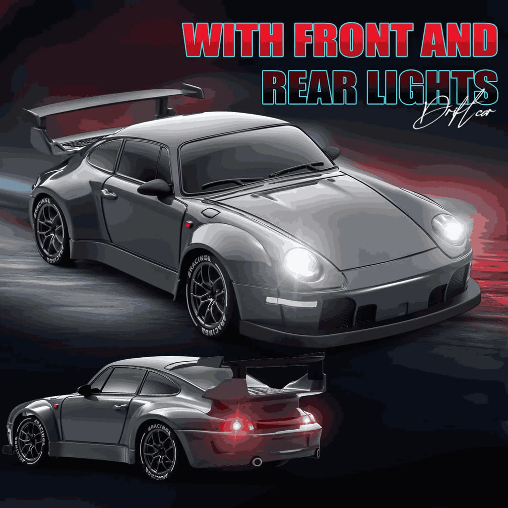 Rc Drift car with front and rear lights displayed on a dark background