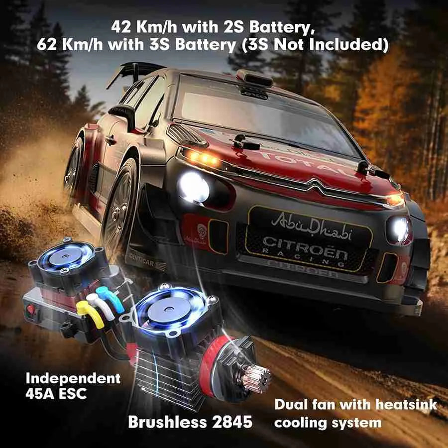 Model car with racing decals on a dirt track, featuring battery and electronic components.