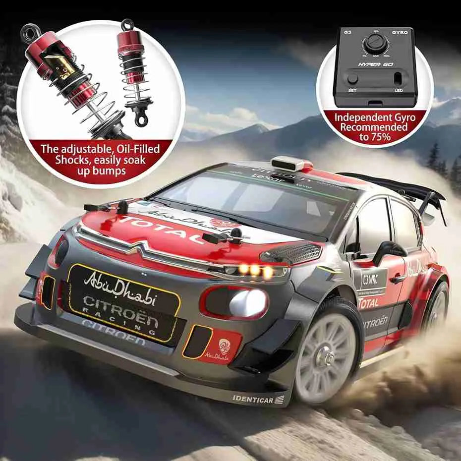 Racing car with suspension components highlighted on a mountainous background