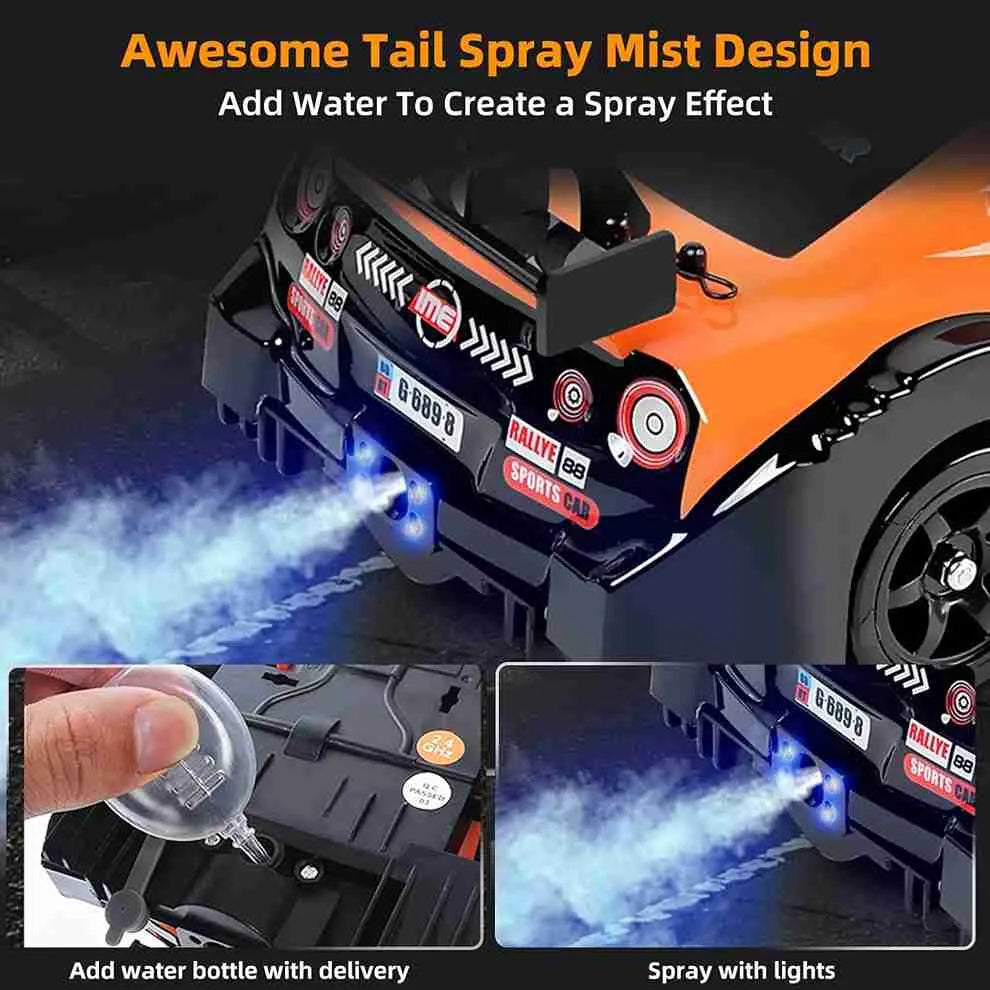 Rc drift car with tail spray mist design and water bottle addition for spray effect