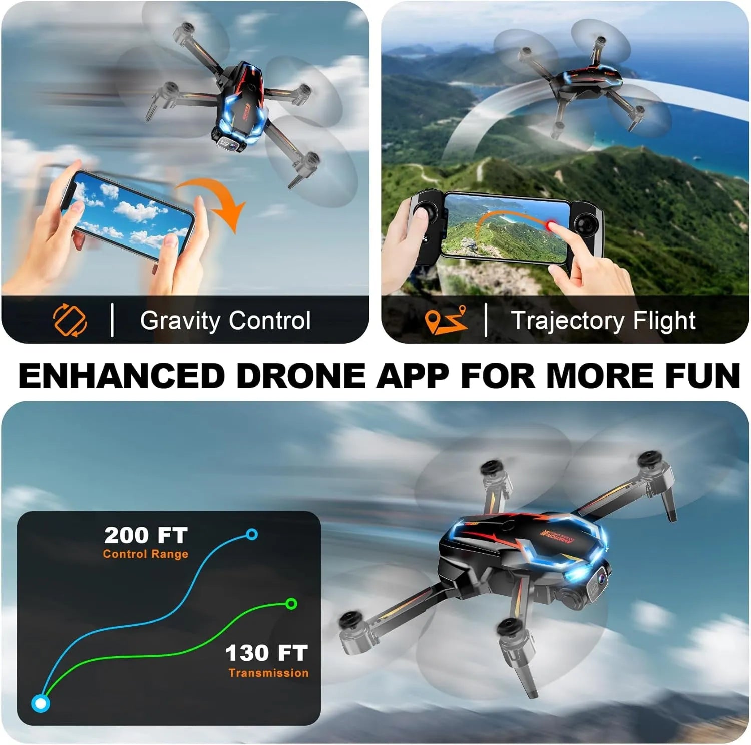 RC Drone in flight with smartphone control, showing gravity control and trajectory flight features.