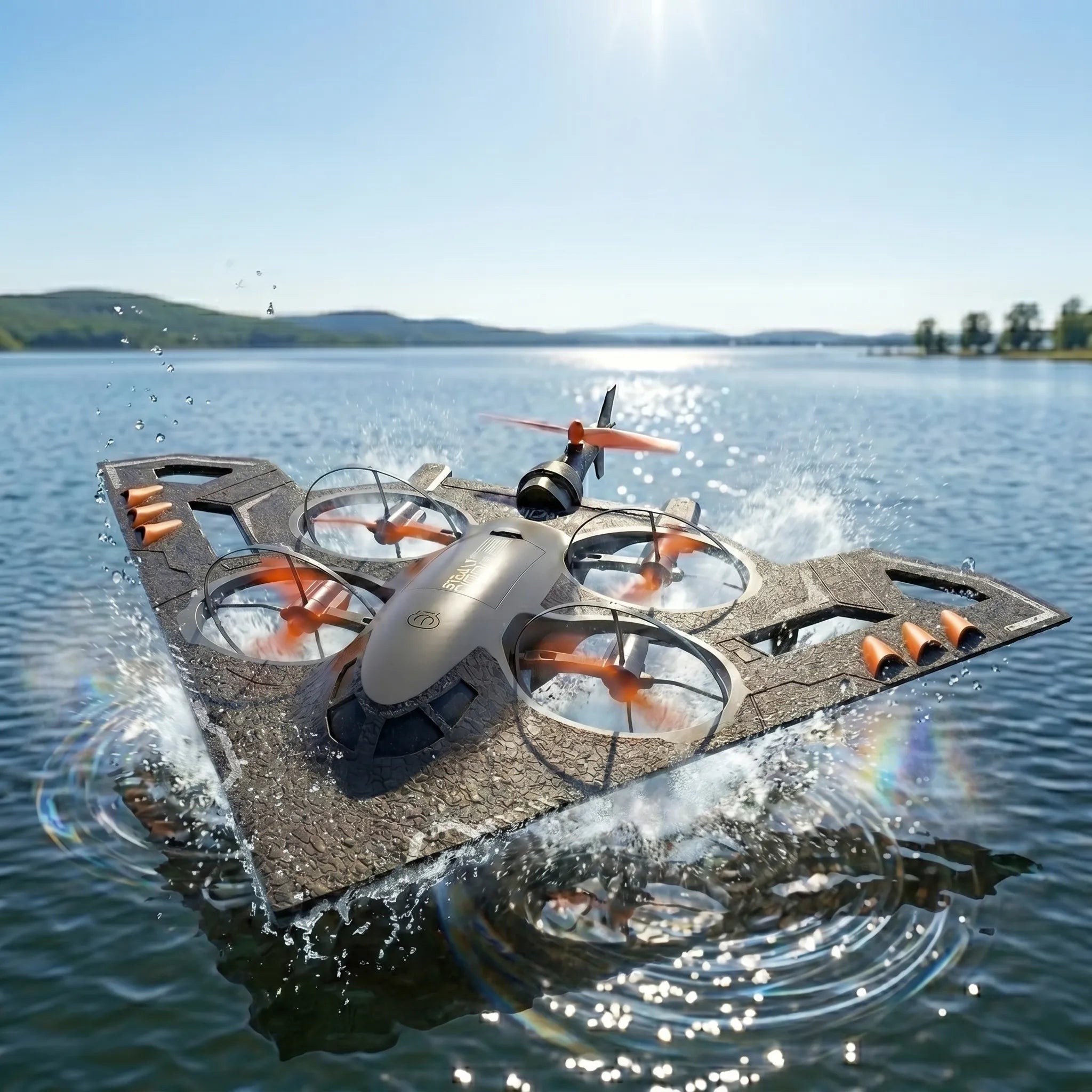 RC Drone on a water landing pad with a scenic lake background