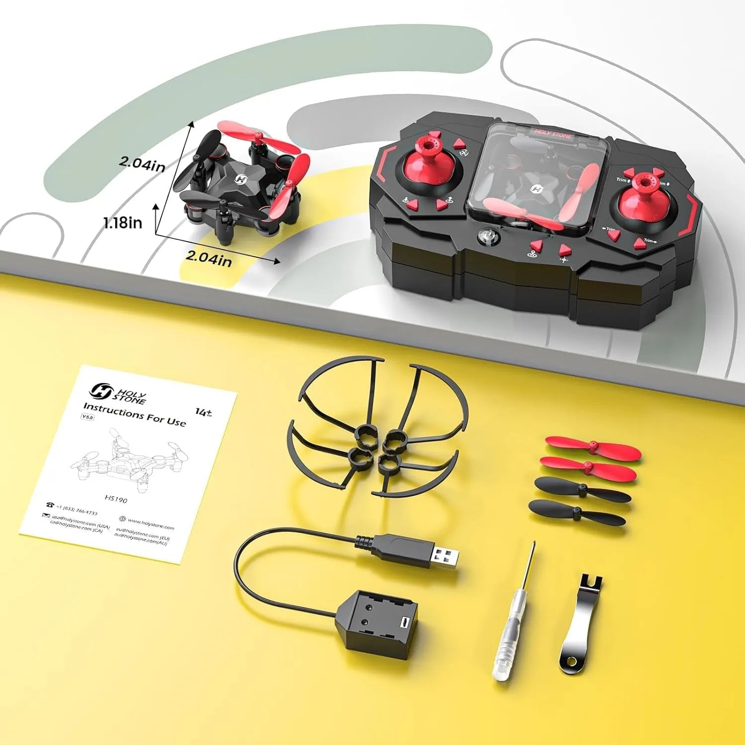 RC Drone parts and accessories including remote control, propellers, and tools on a yellow surface.