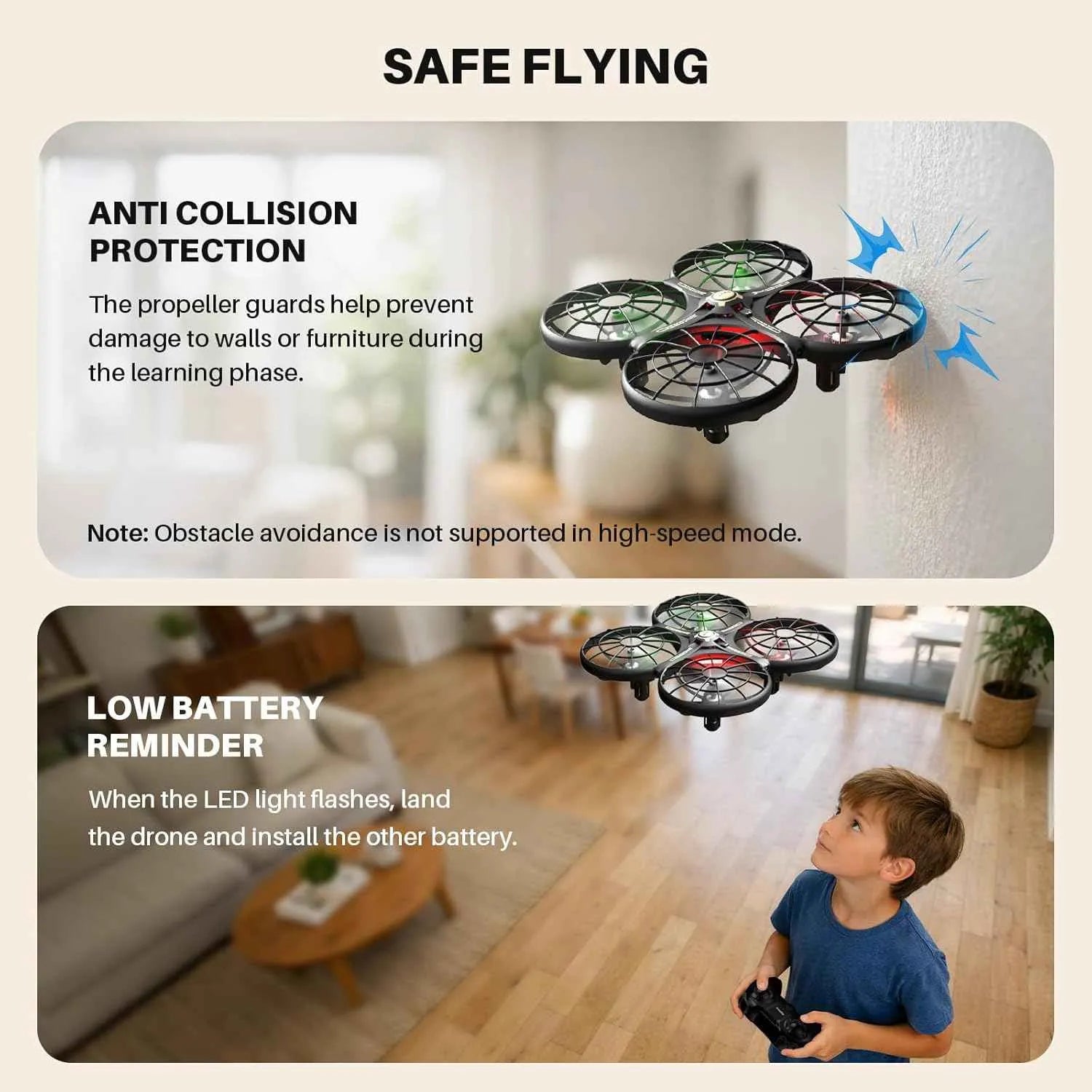 RC Drone with an anti-collision protection feature and a low-battery reminder displayed in a living room setting.