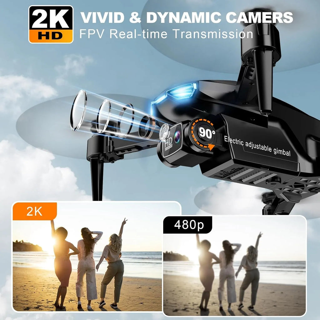 RC Drone with camera and adjustable gimbal, showing 2K HD and 480p video quality on a beach background.