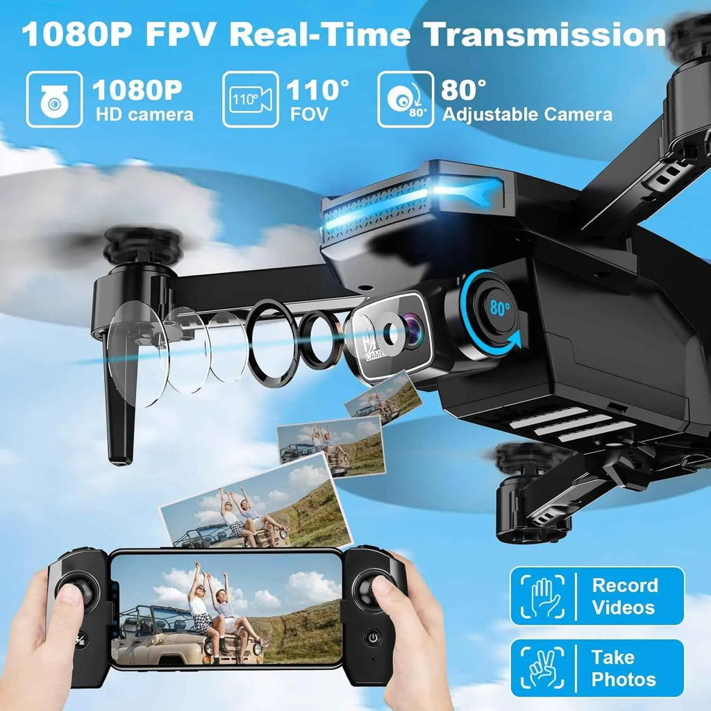 RC Drone with camera and controller, featuring a 1080p HD camera and real-time transmission, against a blue sky background.