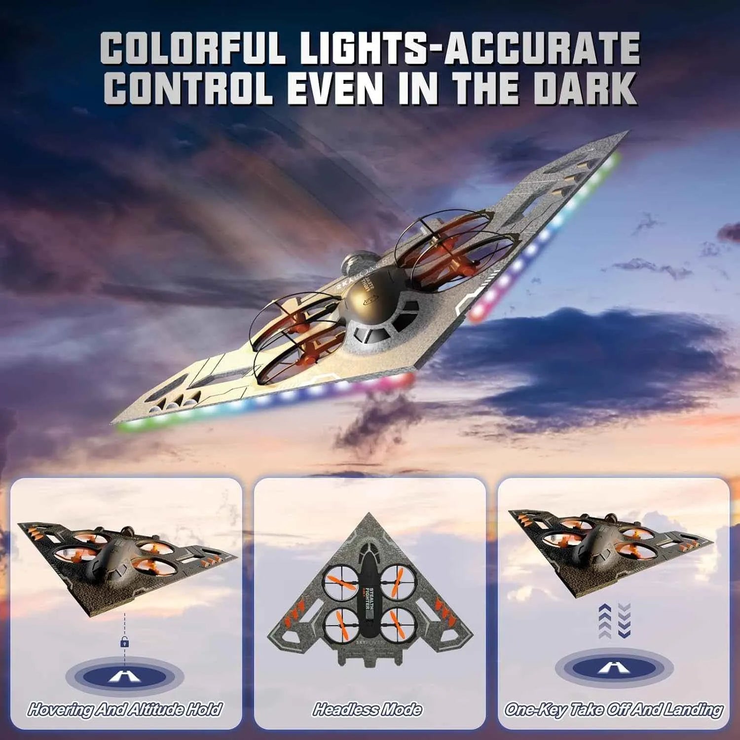RC drone with colorful lights flying against a cloudy sky, with control modes displayed below.