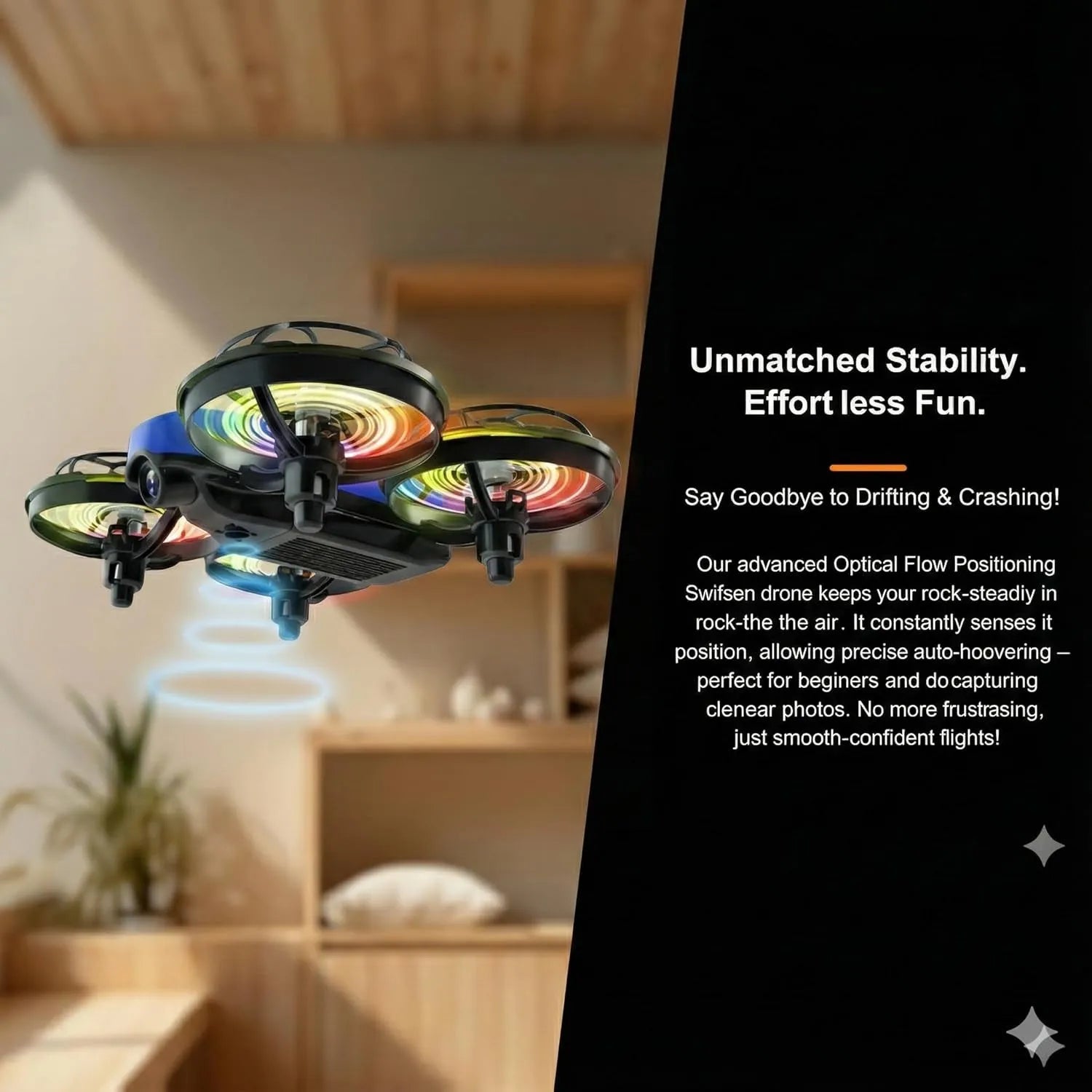RC Drone with colorful rotors in a room setting, promotional text on the side.