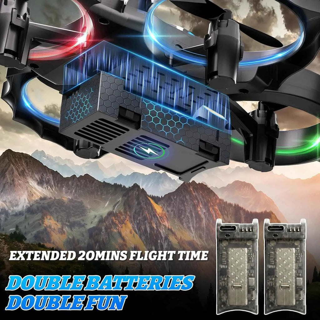 Drone with extended flight time features against a mountainous background