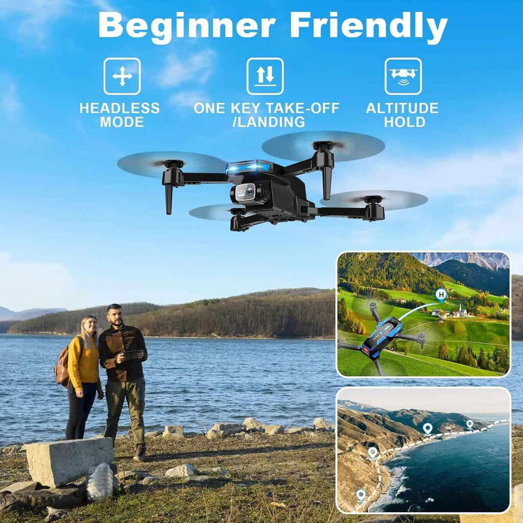 RC Drone with features such as headless mode, one-key takeoff/landing, and altitude hold, shown against a scenic background.
