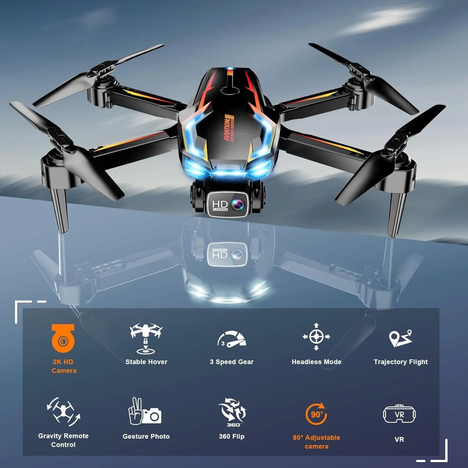 RC Drone with features highlighted on a reflective surface