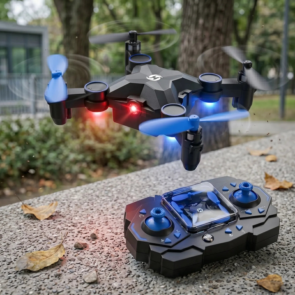 RC Drone with illuminated propellers and a remote control on a concrete surface with trees in the background