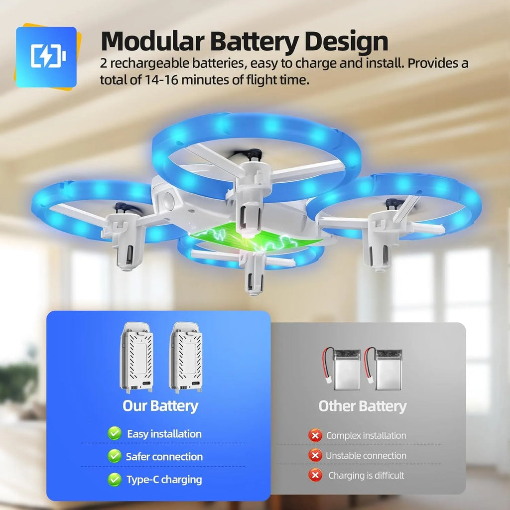 RC Drone with modular battery design features and text on a blurred indoor background