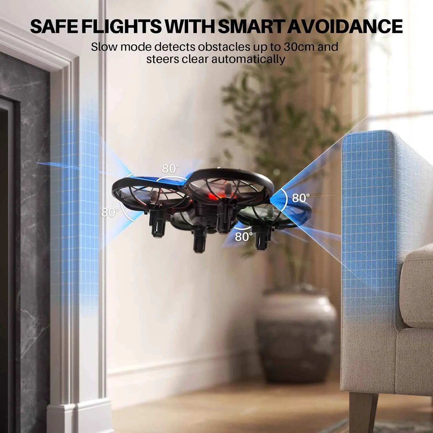 RC Drone with obstacle avoidance technology in a living room setting