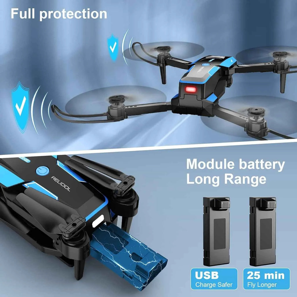 RC Drone with protective features and module batteries on a blue background