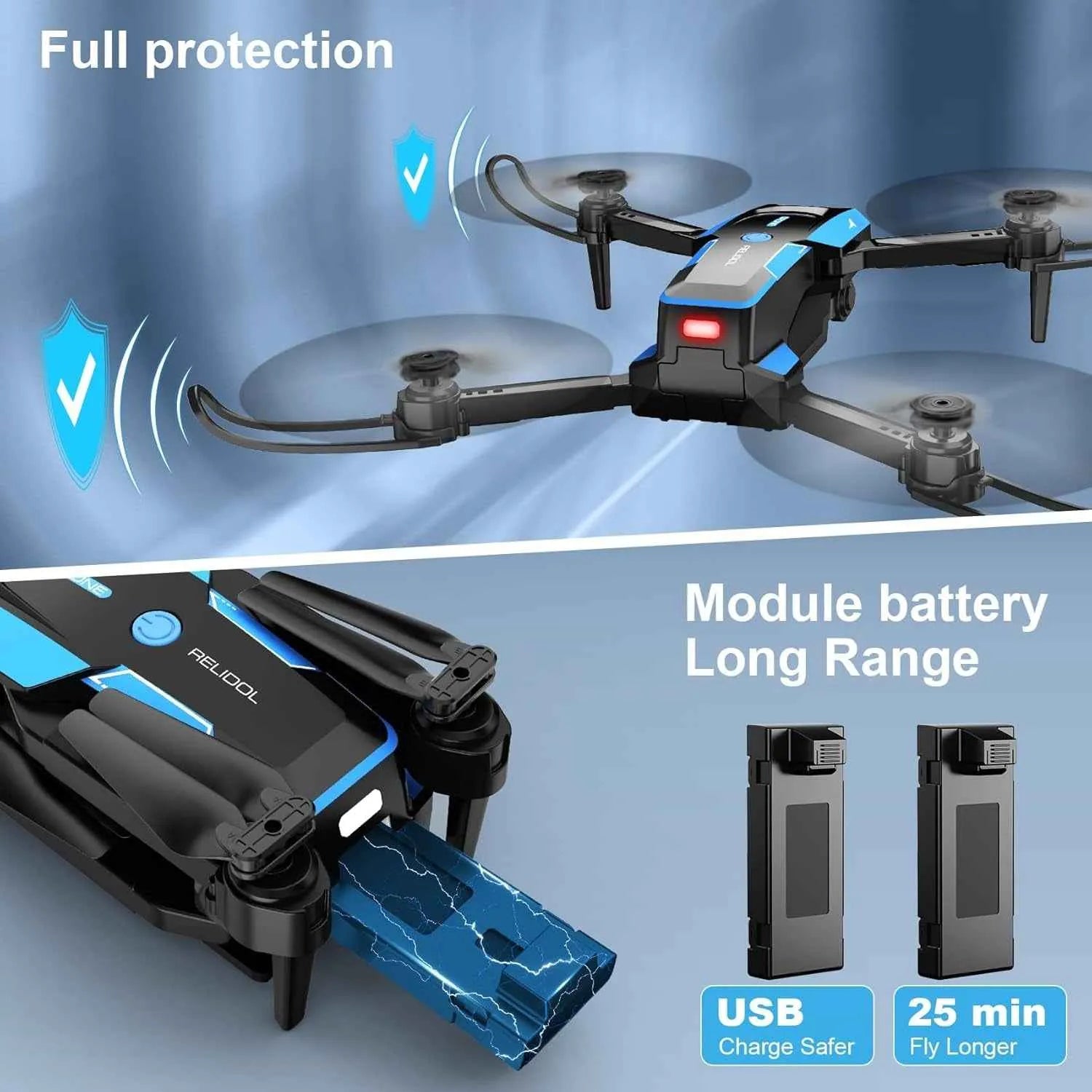 RC Drone with protective features and module batteries on a blue background