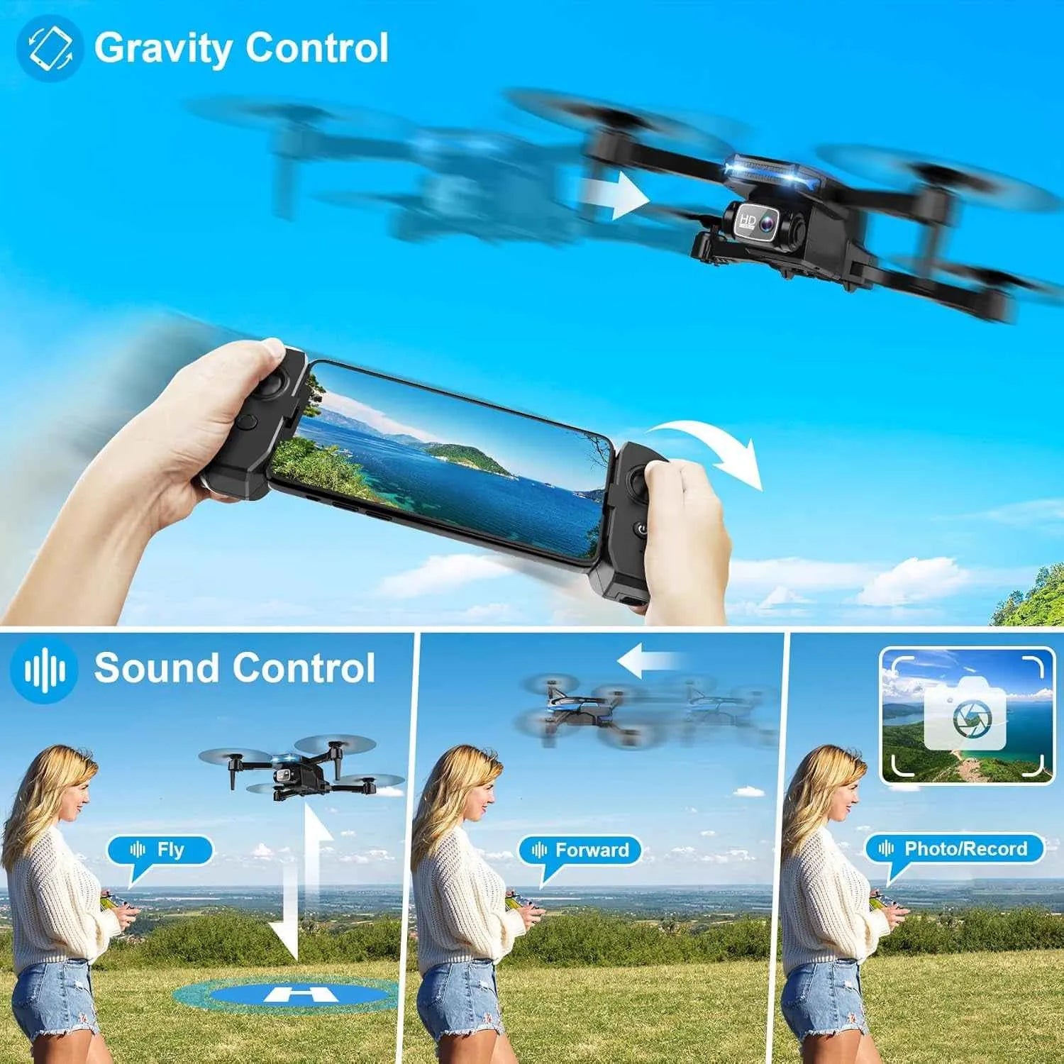 RC Drone with smartphone control and features like gravity and sound control.