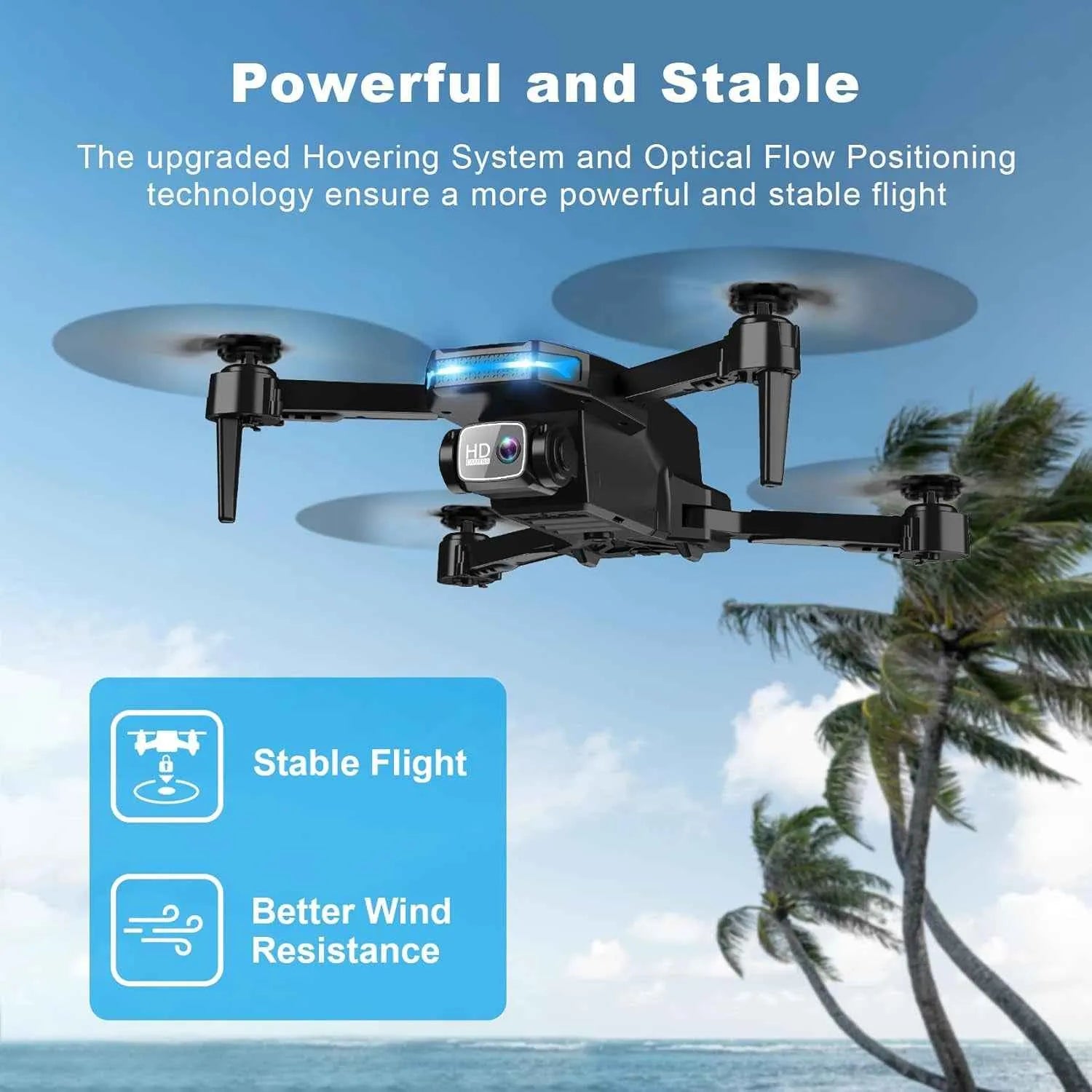RC Drone with text about powerful and stable flight technology against a scenic background with palm trees and the ocean.