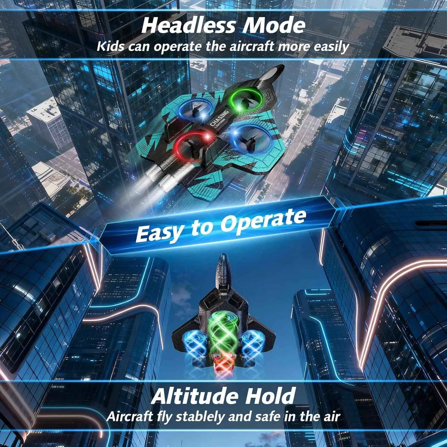 RC drone with text on headless mode, ease of operation, and altitude hold features against a cityscape background.