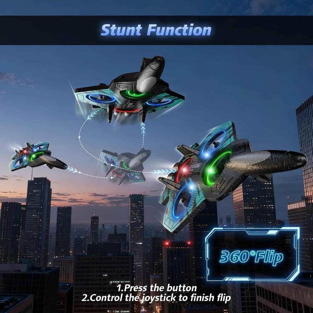 RC drones performing stunts in the sky with a cityscape background