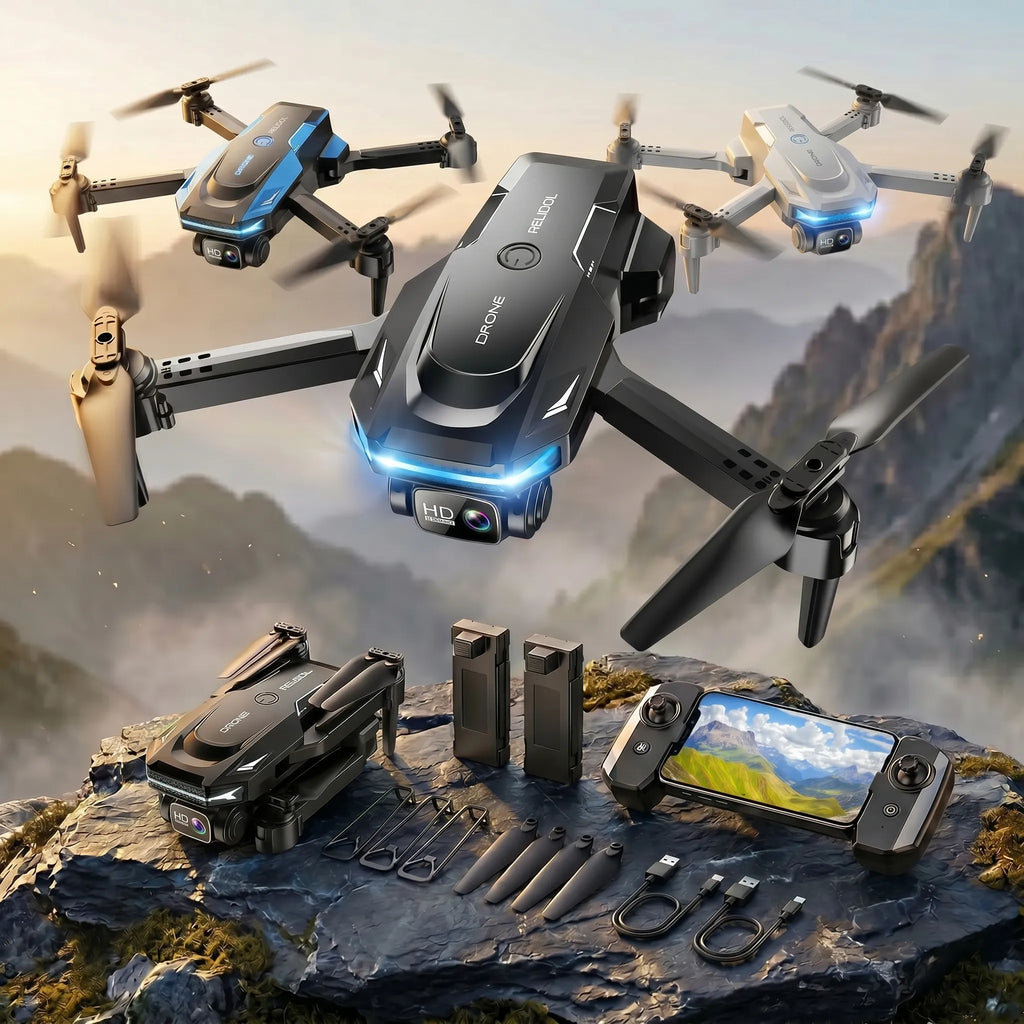 RC Drones with accessories in a mountainous landscape