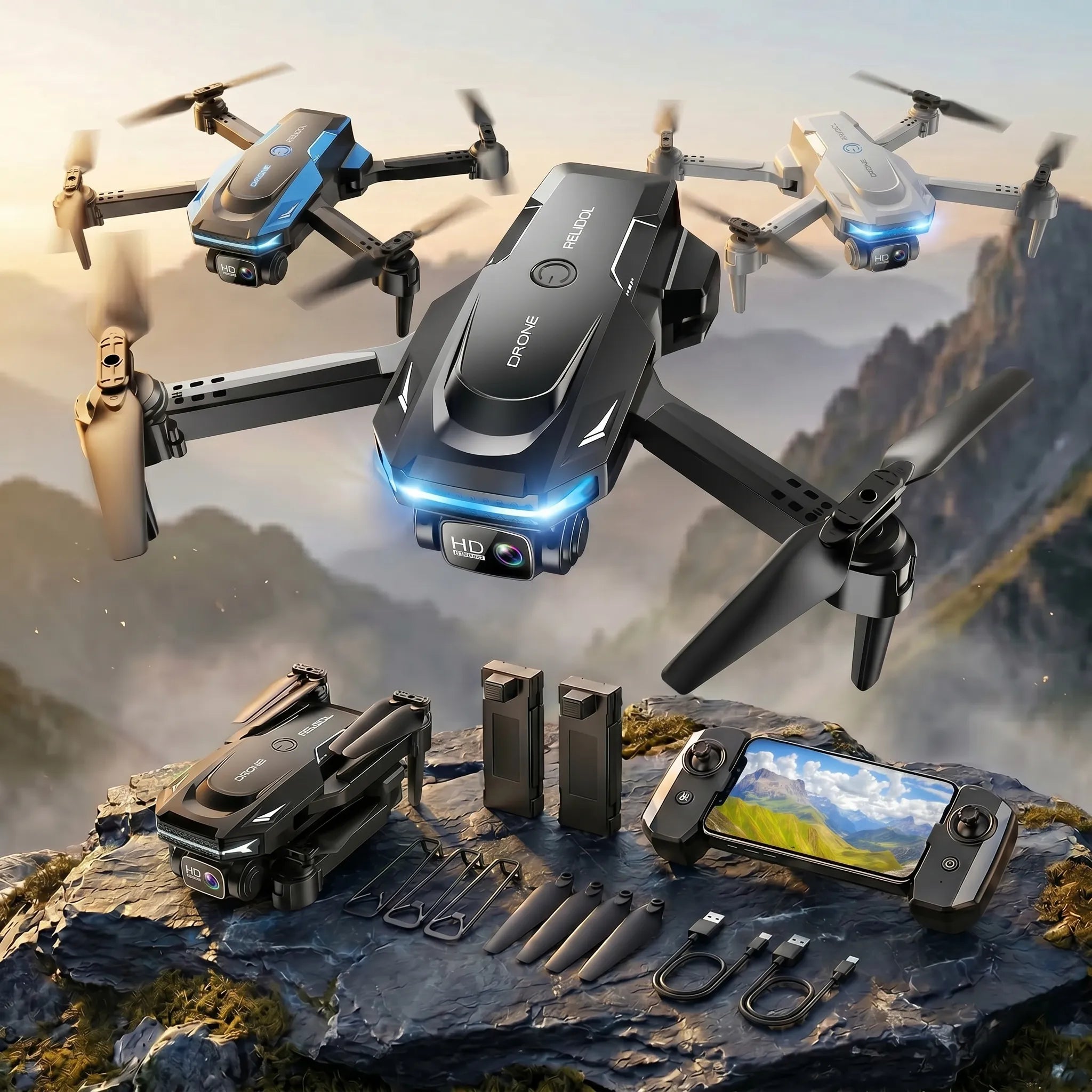 RC Drones with accessories in a mountainous landscape