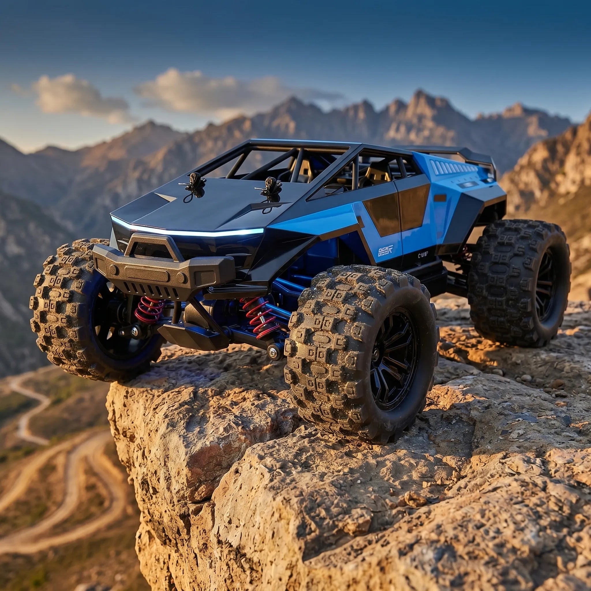 RC futristic drift car on rock on mountain background