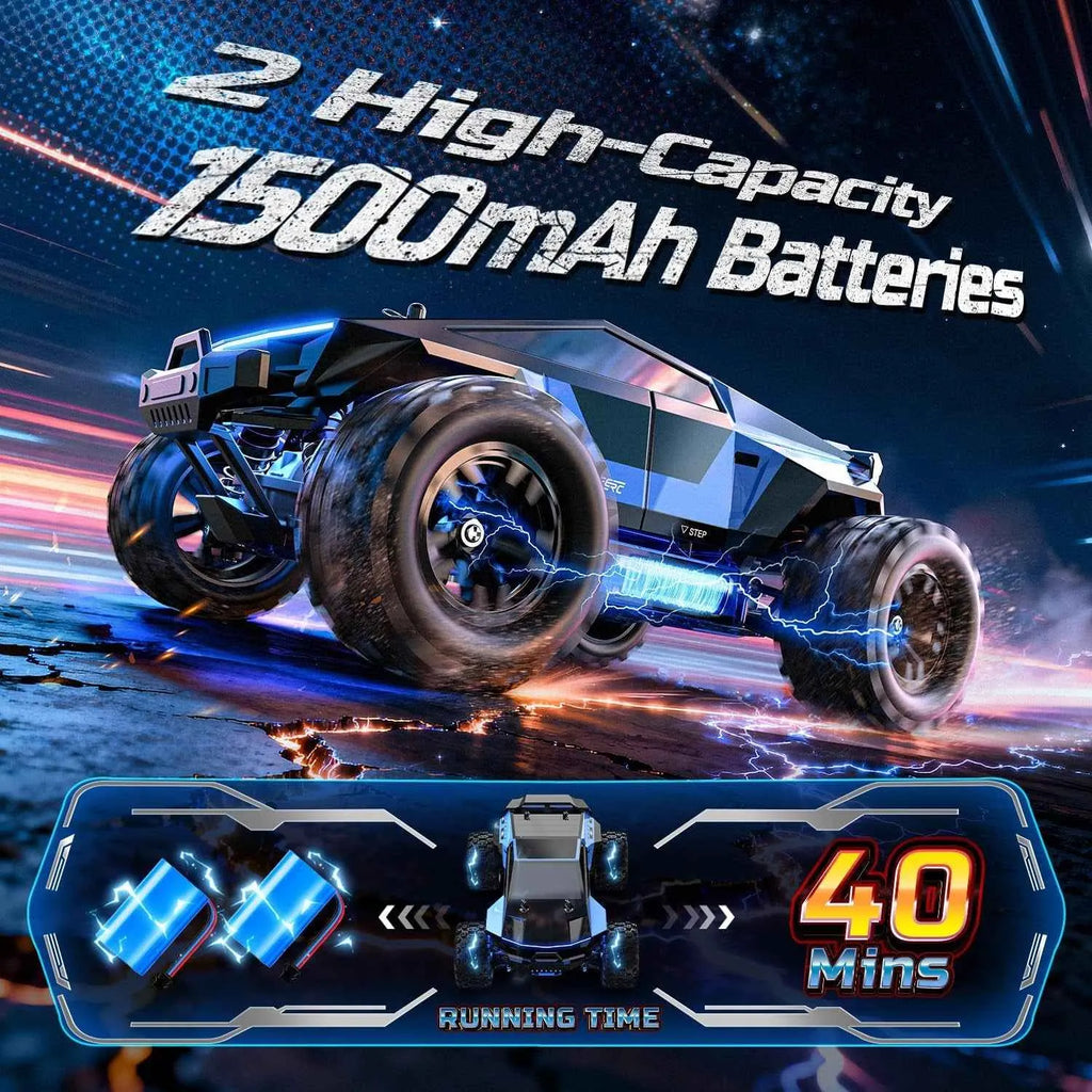 RC futristic truck with high-capacity batteries and remote control on a dynamic background