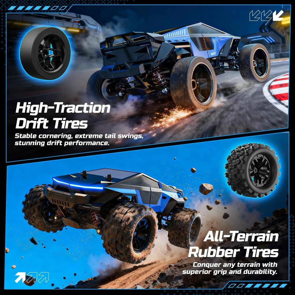 RC futuristic truck with high traction drift tires and all-terrain rubber tires.