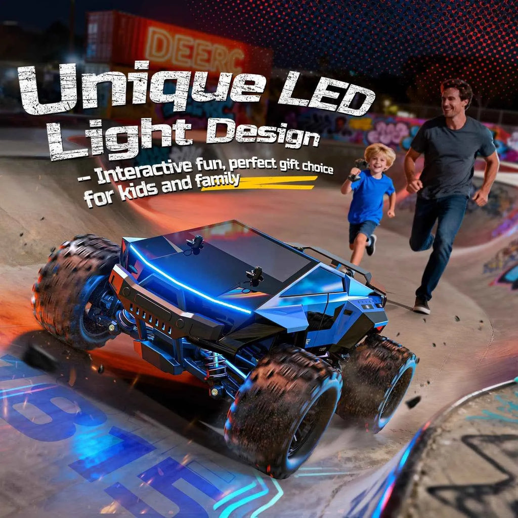 RC futuristic truck with unique LED light design in front of a man and child, with text about its features.