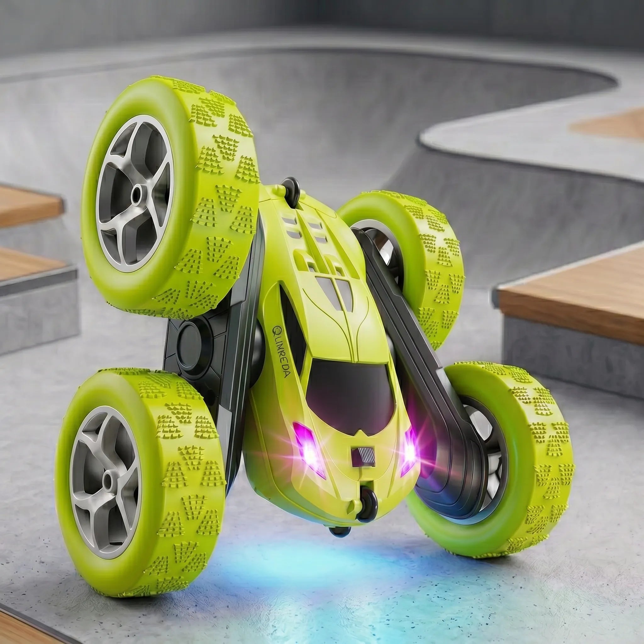 RC green stunt car on a stunt area background