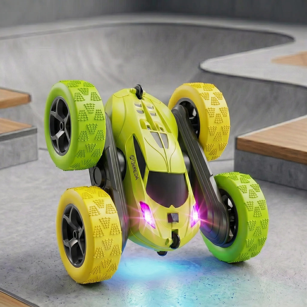 RC green yellow stunt car on a stunt area background