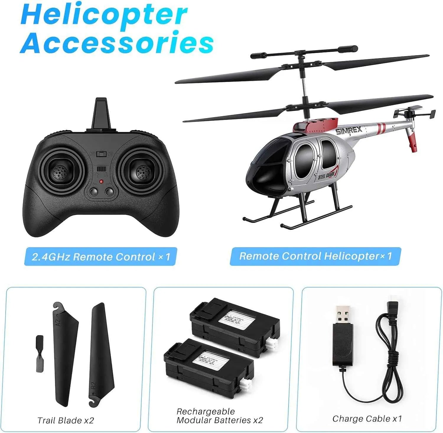 RC Helicopter accessories including remote control, helicopter, trail blades, batteries, and charge cable on a white background.