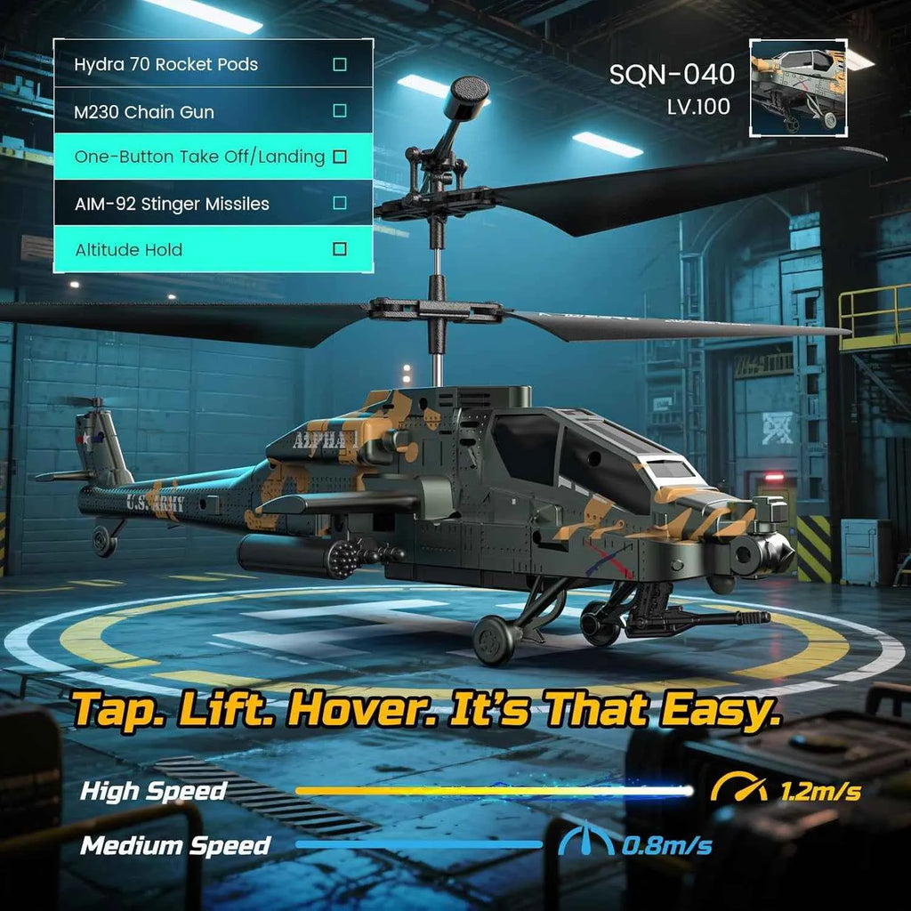 RC Helicopter in a hangar with game interface elements and text.