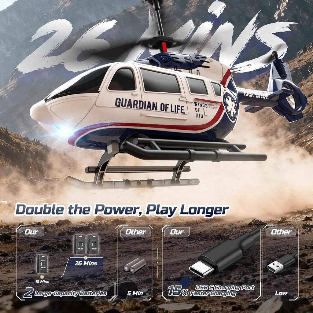 Helicopter with 'Guardian of Life' and 'Wings of Aid' text on a mountainous background, featuring product specifications.