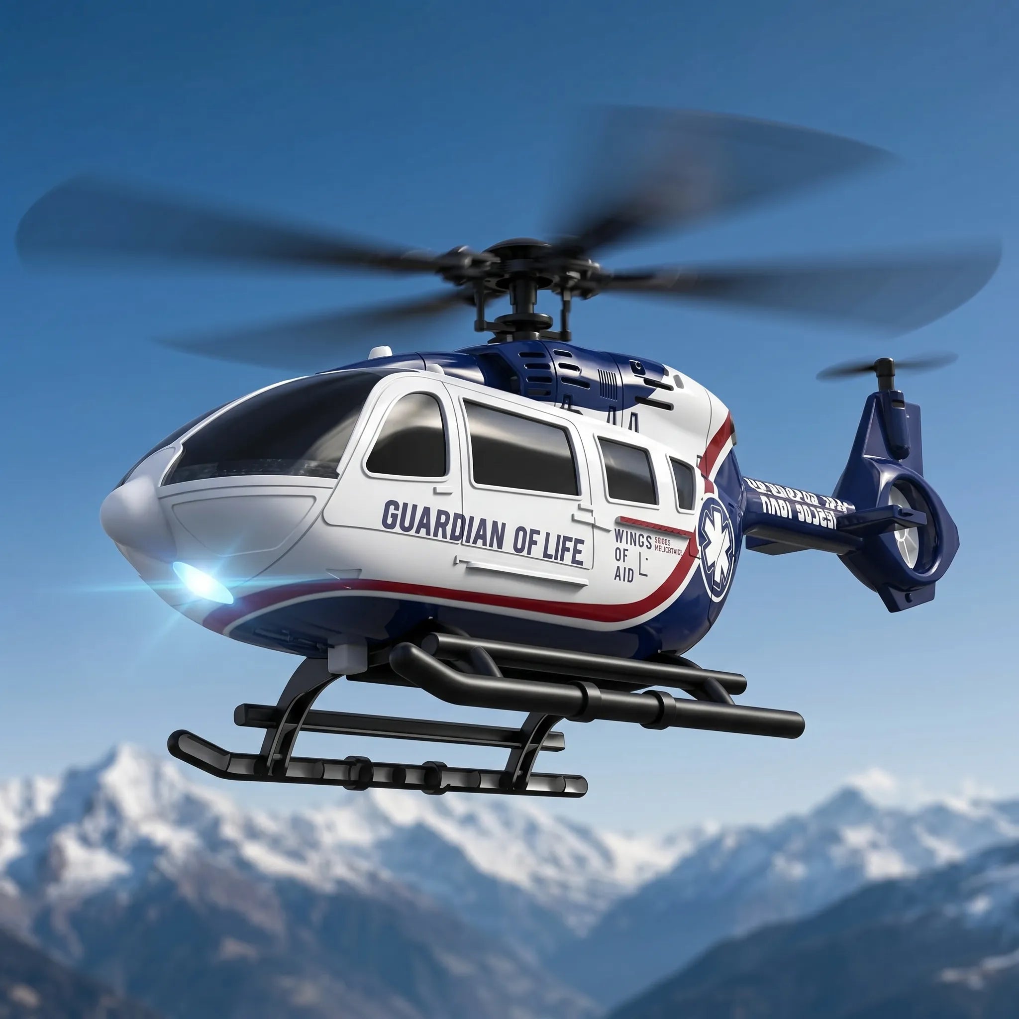 RC Helicopter with 'Guardian of Life' branding against a mountainous background