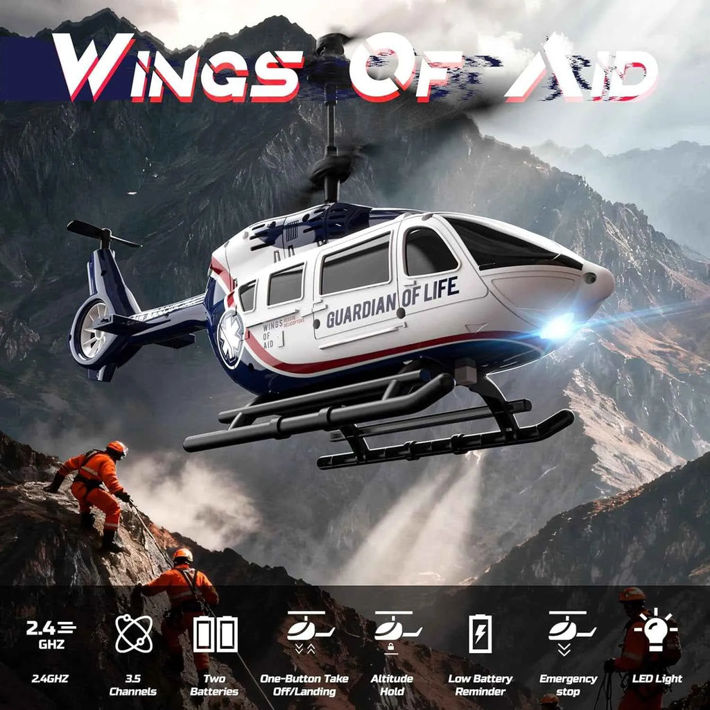 RC Helicopter with 'Guardian of Life' branding flying over mountainous terrain, featuring the brand 'Wings of Aid'.