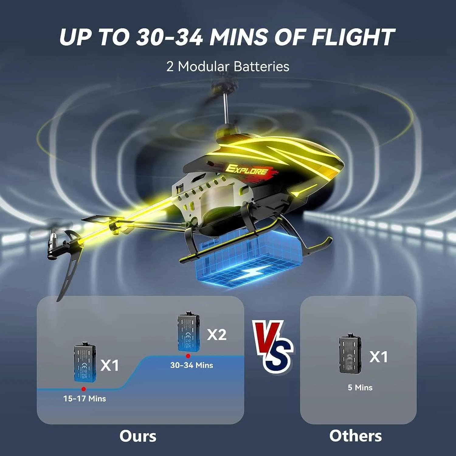 RC helicopter with highlighted flight time and battery information on a dark background
