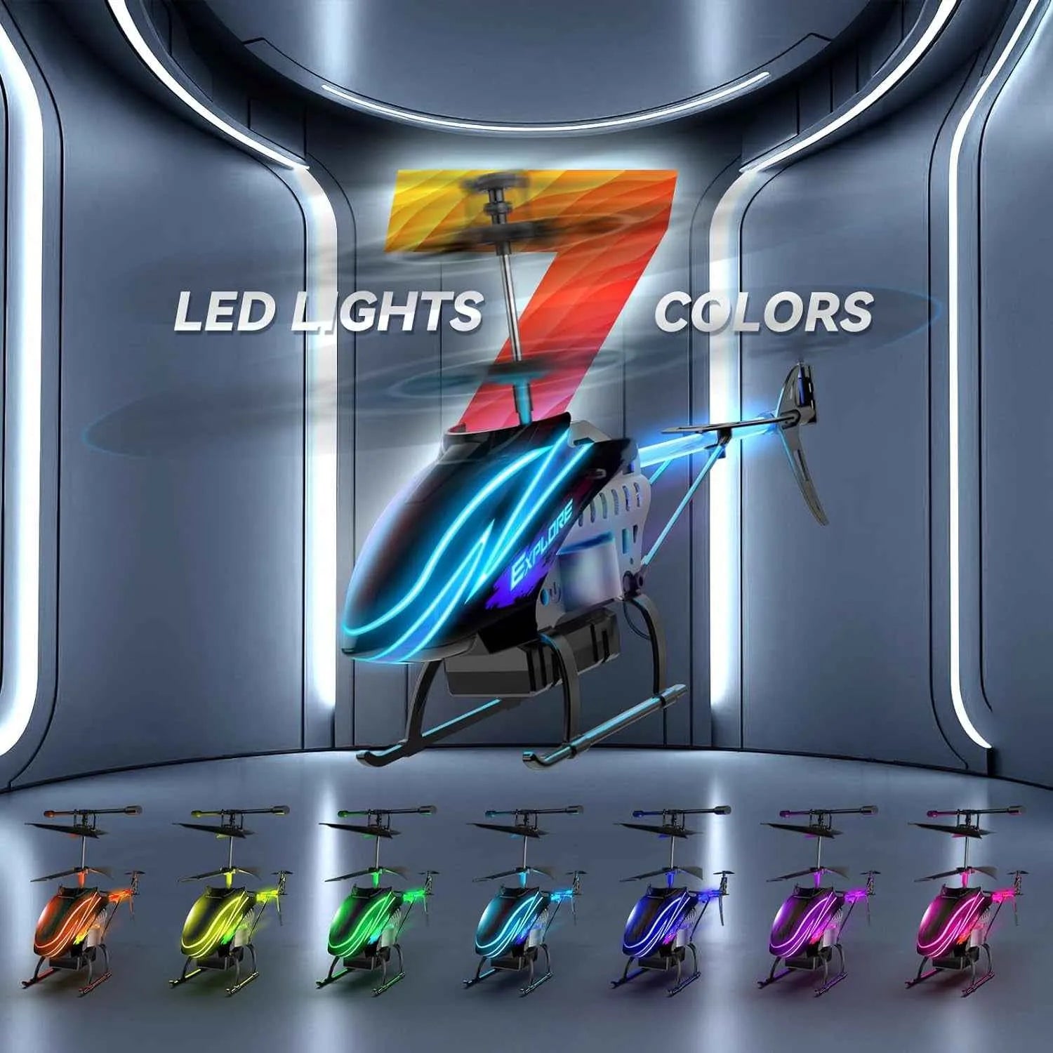 RC Helicopter with LED lights in a futuristic setting, surrounded by similar helicopters in various colors.