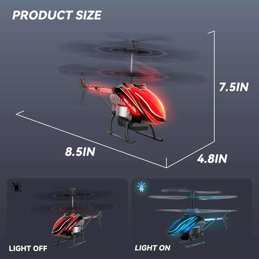 RC Helicopter with light display and size measurement on a dark background