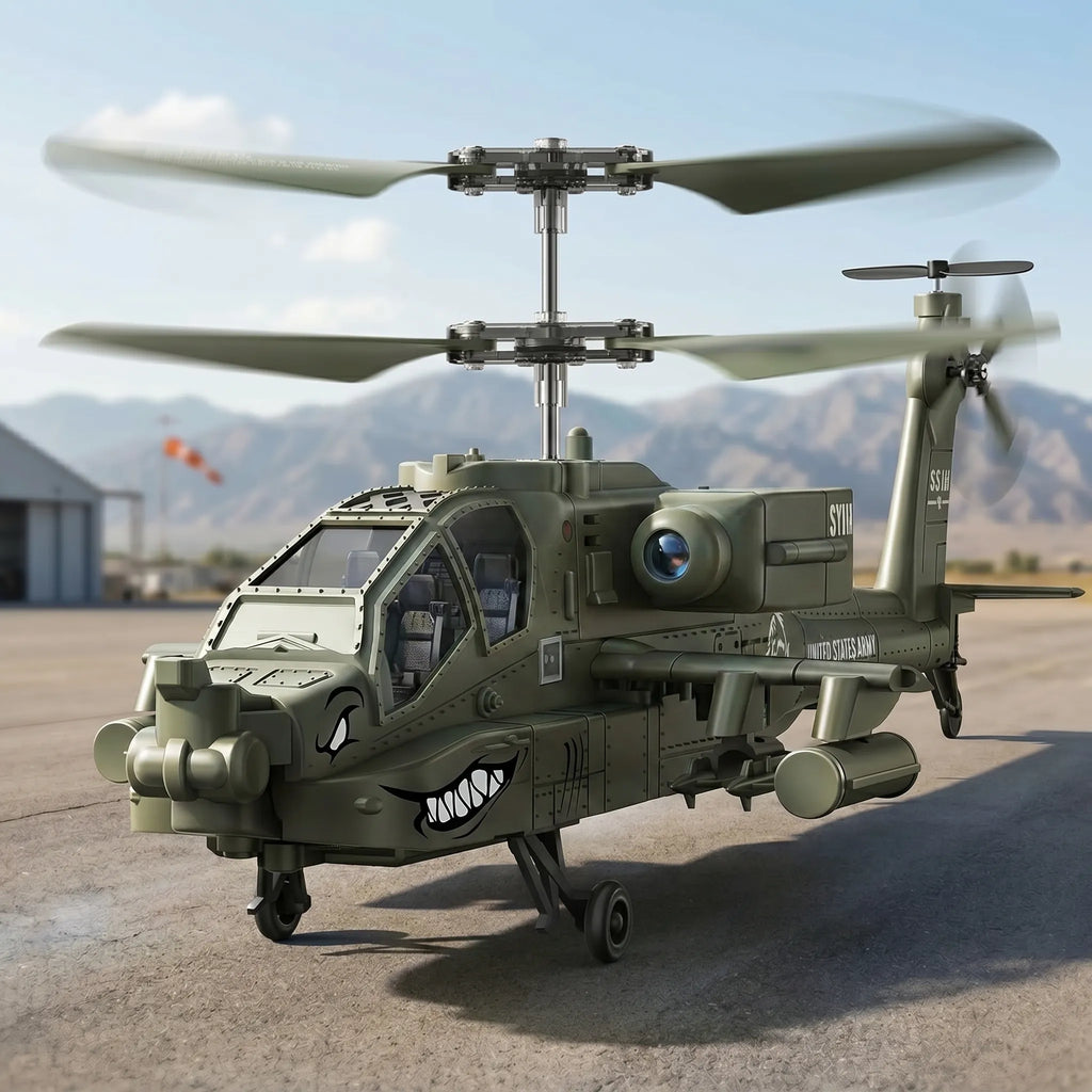 RC helicopter with military design on a runway with mountains in the background